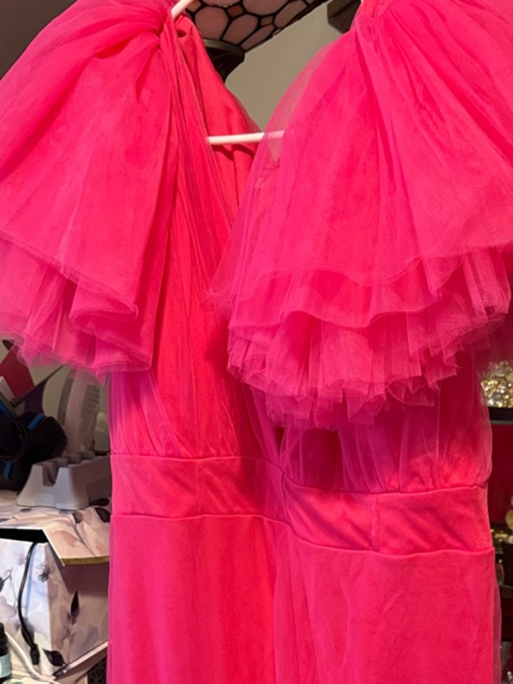 Fuchsia Tulle Puff-Sleeve Evening Gown